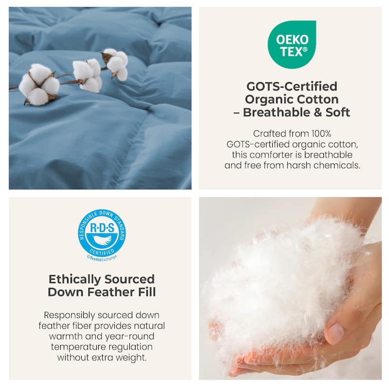 All Season 300TC Organic Cotton Down Comforter - 100% Natural, Chemical-Free, Medium Warmth Duvet Insert