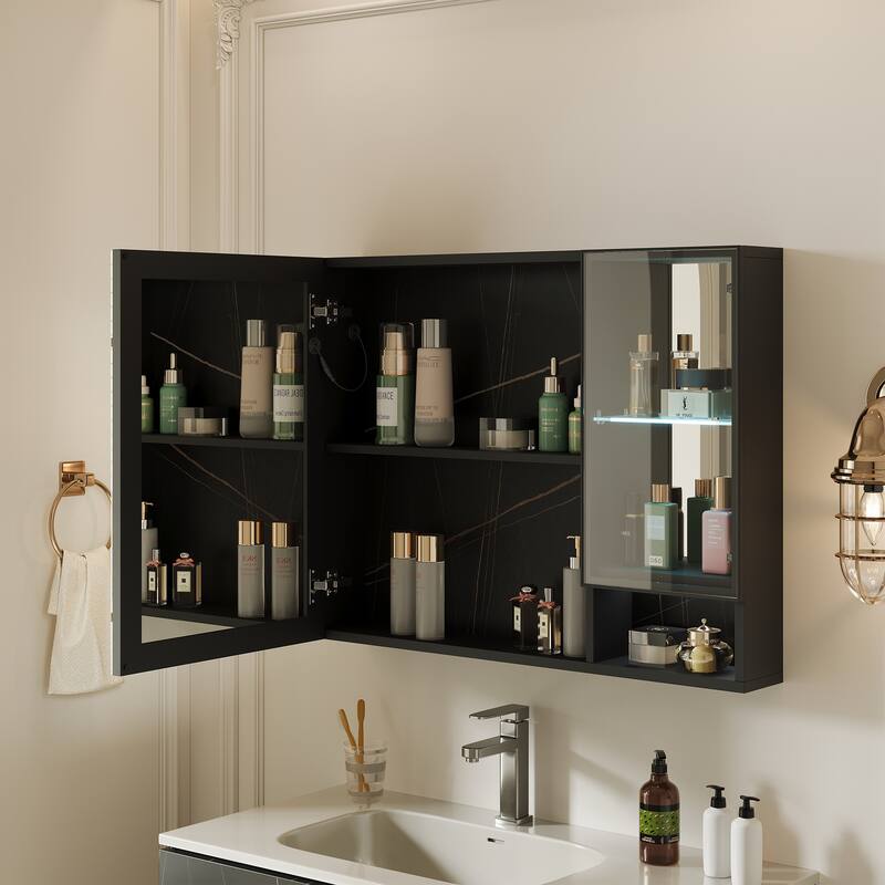 Recessed Mount Aluminum Frameless Medicine Cabinet With Glass Door, Adjustable LED Light, Mirrored Door, And Fixed Shelves