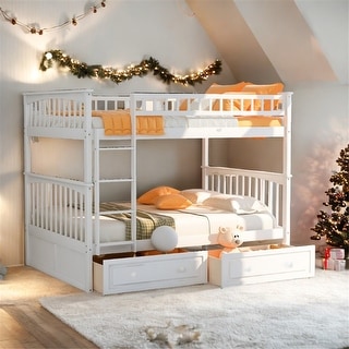 Full over Full Bunk Kids Bed with Guardrail & Drawers, Convertible Beds, White