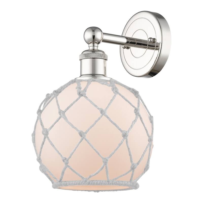 Innovations Lighting 616-1W-13-8 Farmhouse Rope Sconce Farmhouse Rope - Polished Nickel / White Glass with White Rope