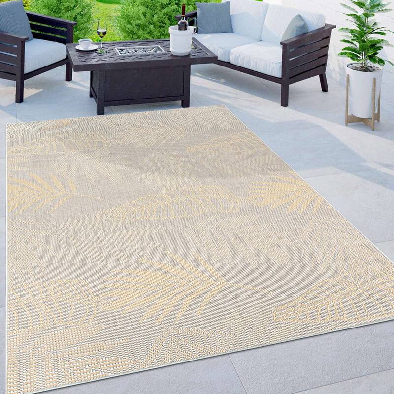 Contemporary Floral Leaves Indoor/Outdoor Flatweave Waterproof Backyard Patio Area Rug - 5'x7' - Yellow