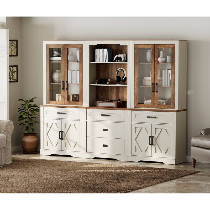 5 Tier Multi--Column Bookshelf Set with Open Storage and Glass Doors