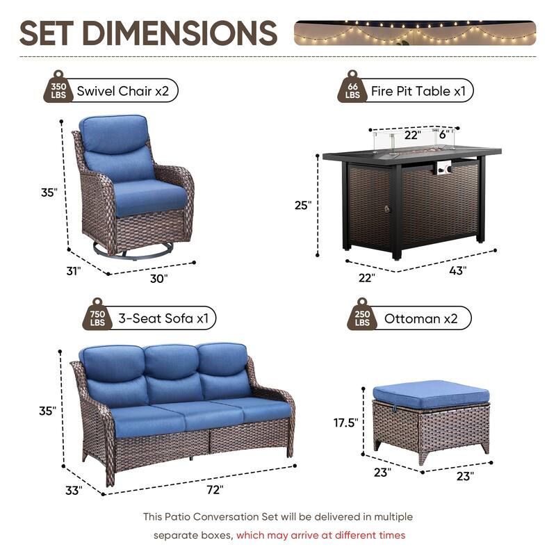 Pocassy Patio Sofa Swivel Chair Set with 43" Fire Pit Table