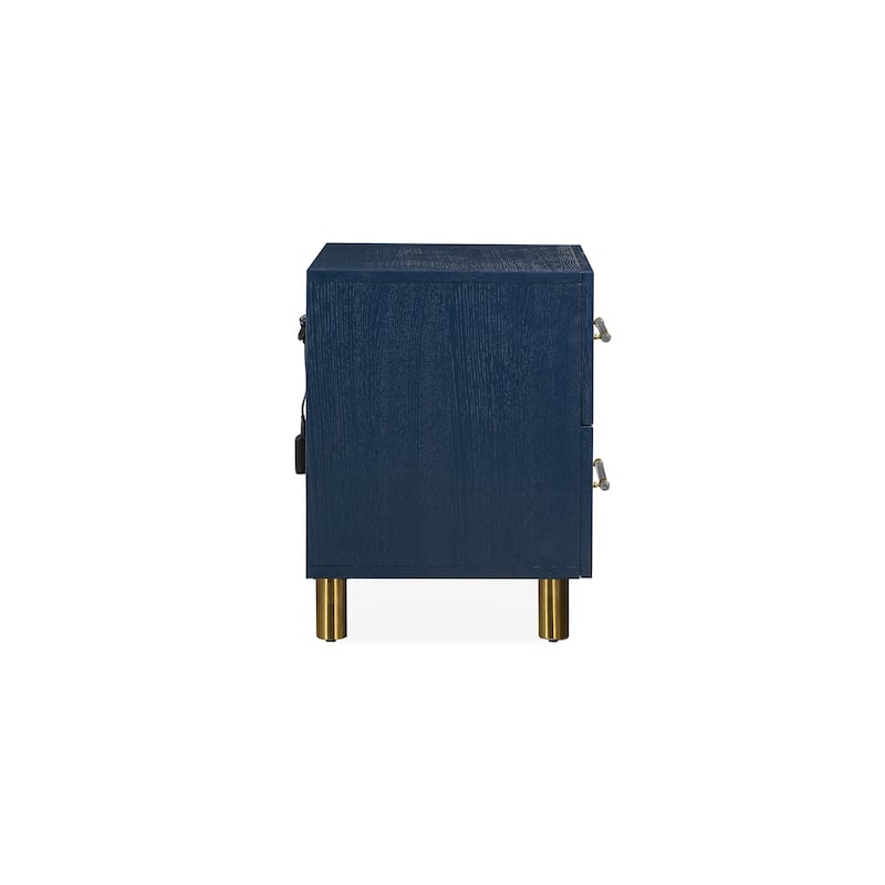 Argento Two Drawer USB Charging Nightstand in Navy Blue and Burnished Brass
