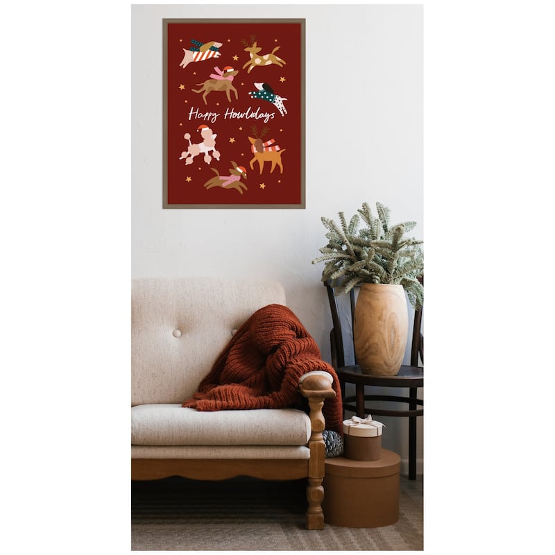 Kate and Laurel Sylvie Framed Canvas Happy Howlidays by Aislinn Simmonds Duchess Plum