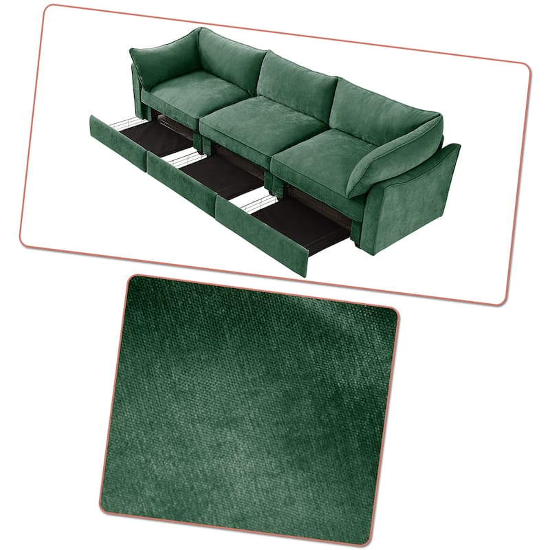Chenille Fabric Upholstered Three-Seater Sofa with Three Under-Seat Drawers