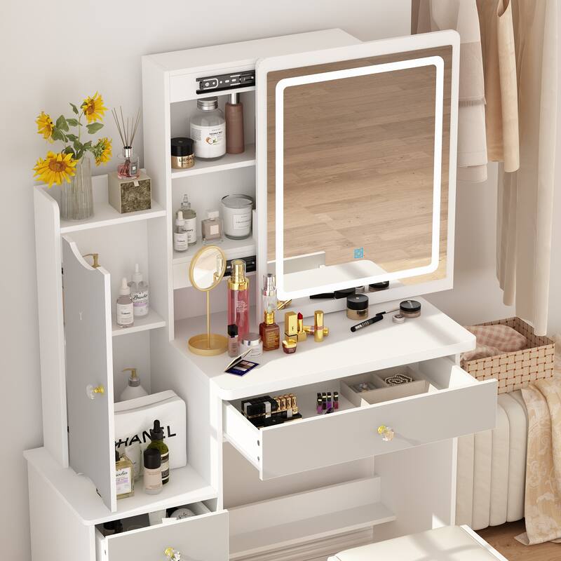 Makeup Vanity Set with Sliding Lighted Mirror & Stool - Hidden Shelves - 33"L x 15.7"W x 52.4"H
