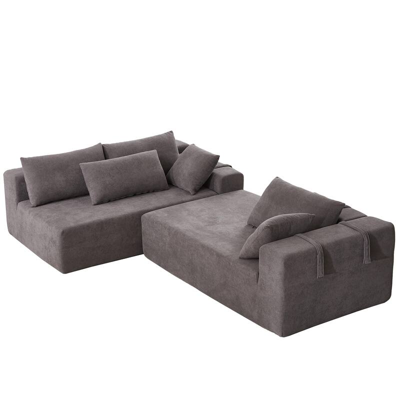 Chenille Upholstered Sectional Daybed Modular Sleeper Couch L Shape Sofa with Chaise Lounge & 6 Pillows for Living Room Loveseat