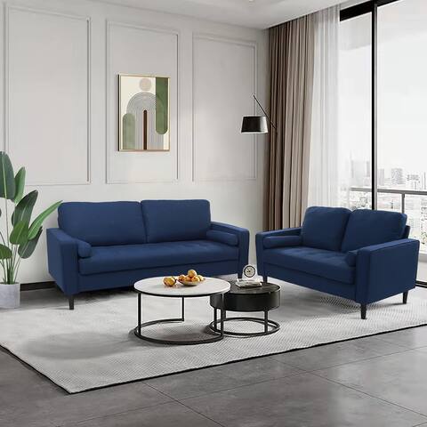 2pcs Living Room Set Velvet Upholstered Pillow Back Sofa Removable Cushions with Wood Frame 3-seater Sofa and Loveseat Sets