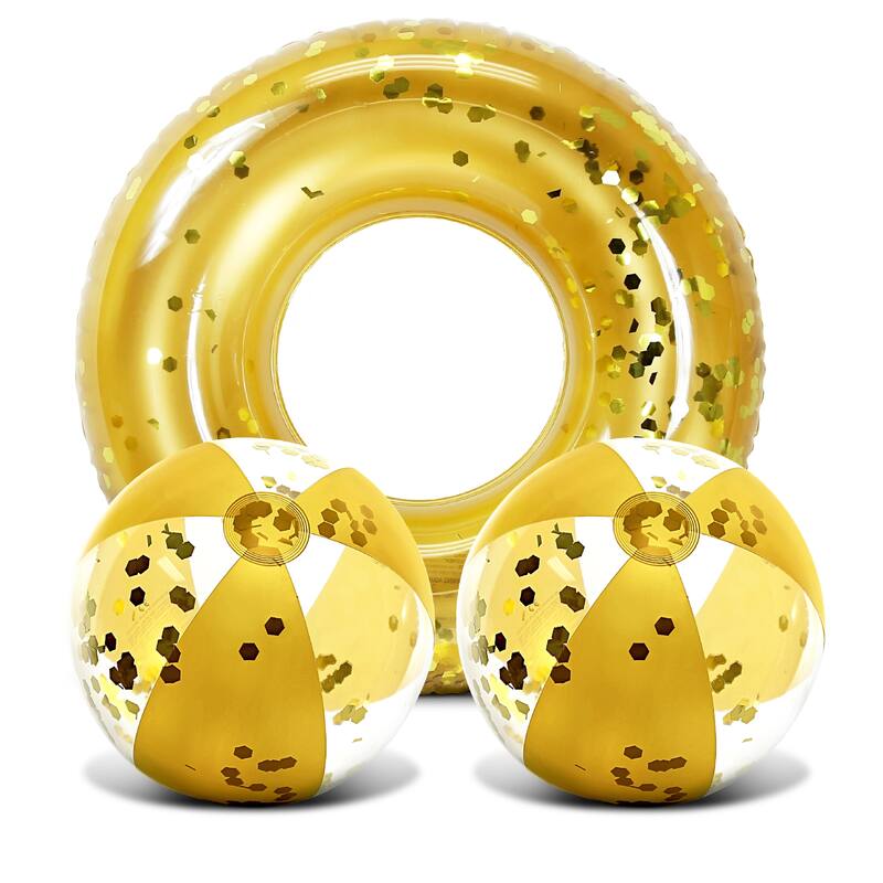 Mozlly Bundle of Gold Inflatable Pool Float Tube And Beach Balls - ‎37 x 37 x 9.5 inches