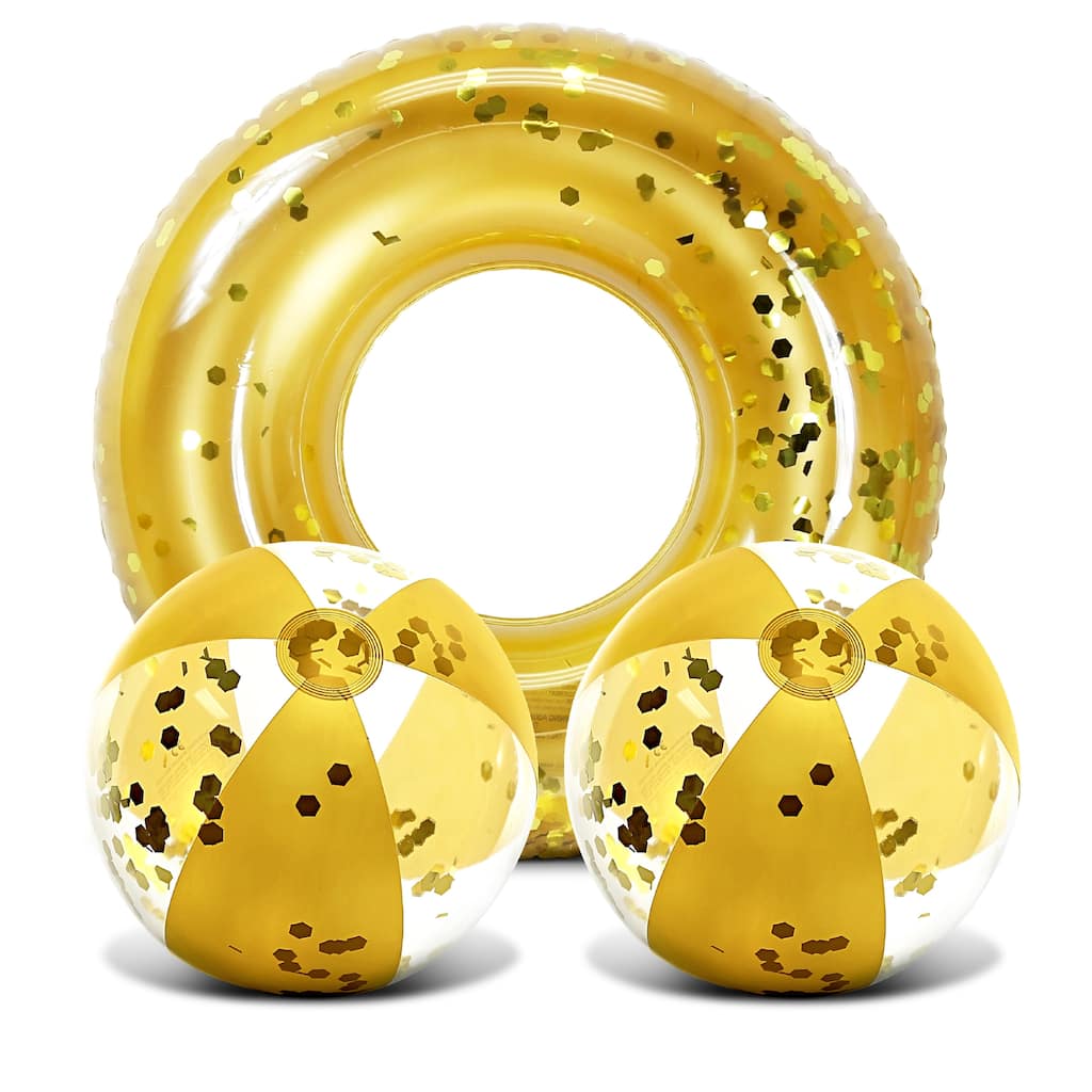Mozlly Bundle of Gold Inflatable Pool Float Tube And Beach Balls - ‎37 x 37 x 9.5 inches