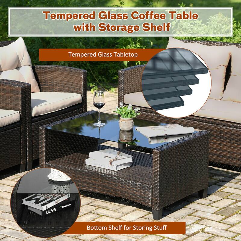 Costway 4PCS Outdoor Rattan Furniture Set Cushioned Sofa Armrest Chair - See Details