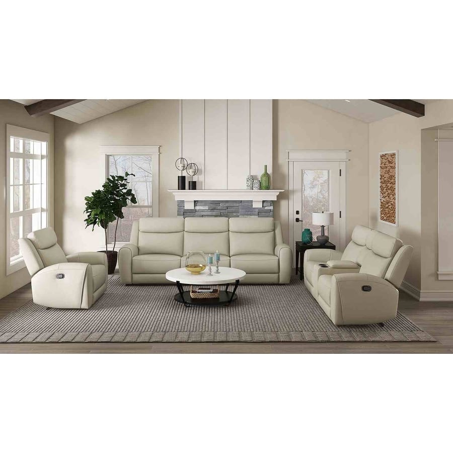 Beige Finish Top Grain Leather Sofa Recliner Set fully Upholstered