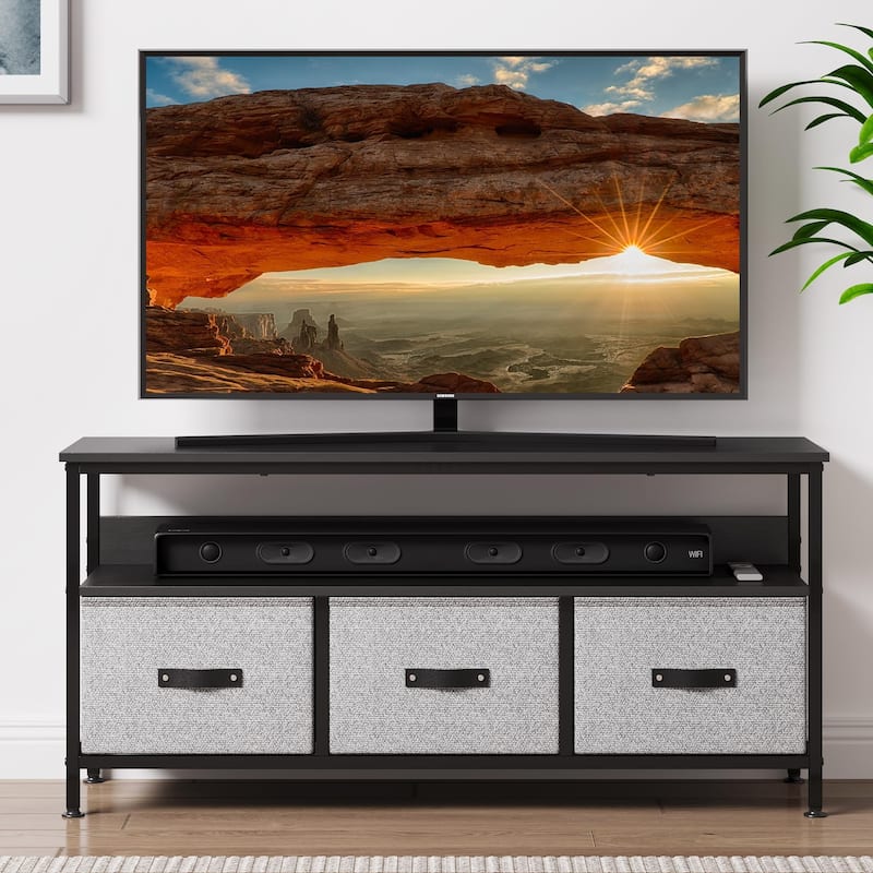 TV Stand with 3 Fabric Drawers, TV Cabinet for 55 Inch TV - Black+Grey