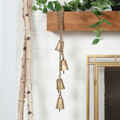 Gold Metal Tibetan Inspired Decorative Cow Bell with Jute Hanging Rope