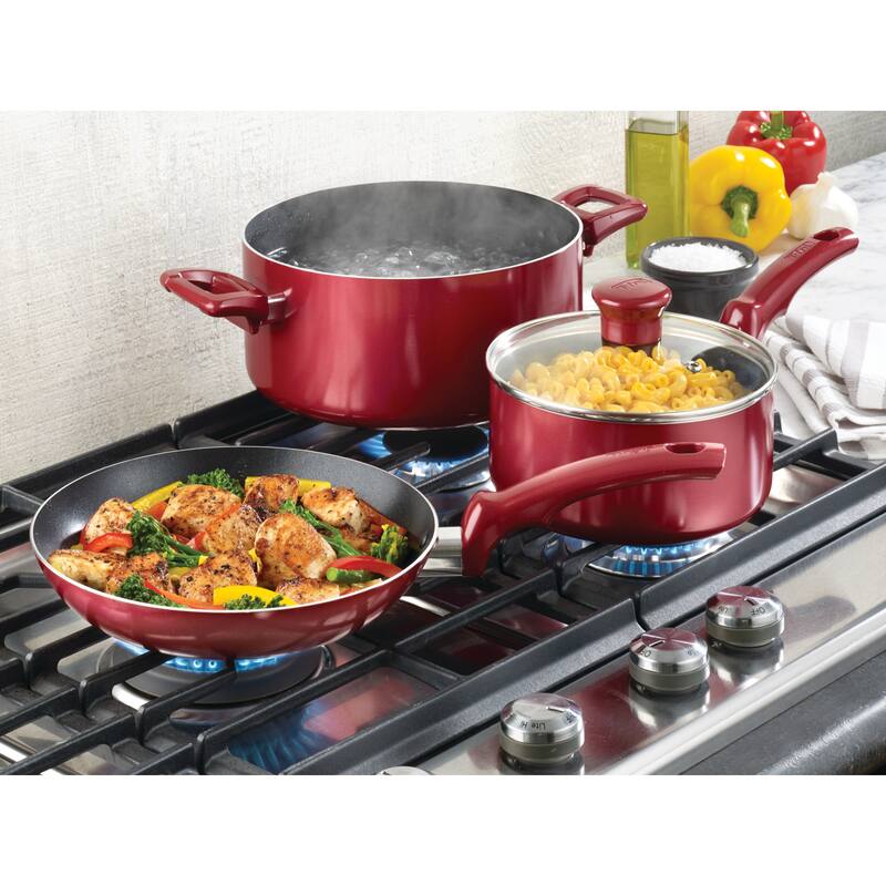 T-fal Essentials Non-Stick Cookware, 3 quart Saucepan, Red