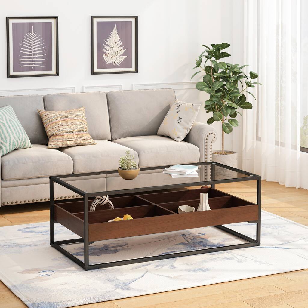 47.24" Rectangular Glass Coffee Table with Storage Shelf
