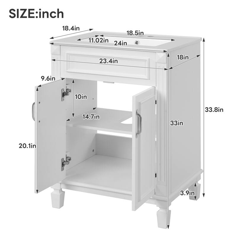 GDFStudio - Modern Bathroom Vanity with Ceramic Sink and 2 Soft-Closing Doors & Adjustable Shelf - 24'W