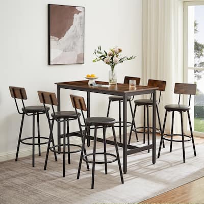 Rustic 7-Piece Dining Set with Rectangular Table & PU Leather Bar Chairs