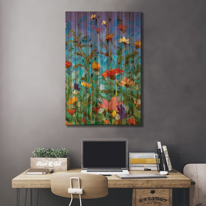 Spring Summer Red Yellow White Wildflowers On Blue Sky Print On Wood by Valery Rybakow - Multi-Color