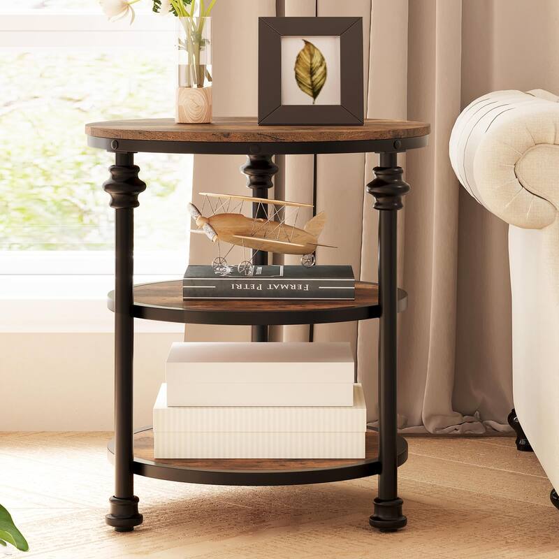 Round End Table with 3 Storage Shelves
