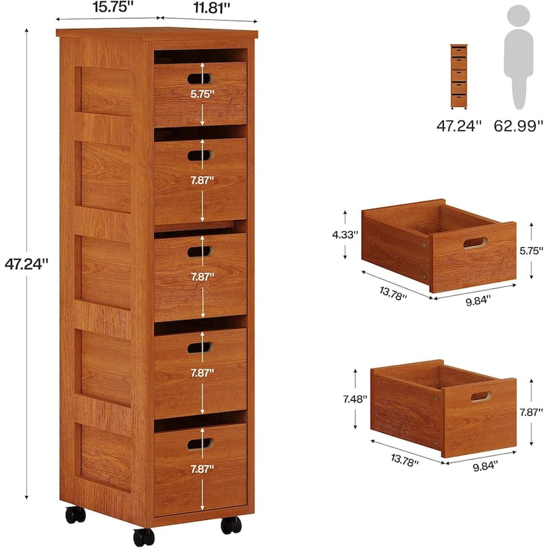 5 Drawers Narrow Wood Storage Drawer Units with Wheels. Tall Narrow Wood Organizer Tower for Bedroom, Living Room, Hallway