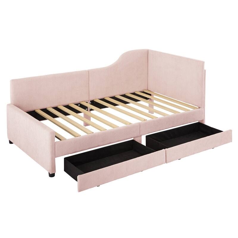 Twin Size Upholstered Daybed with L-Shaped Headboard and 2 Storage Drawers, Corduroy Daybed Frame Sofa Bed with Slats Support