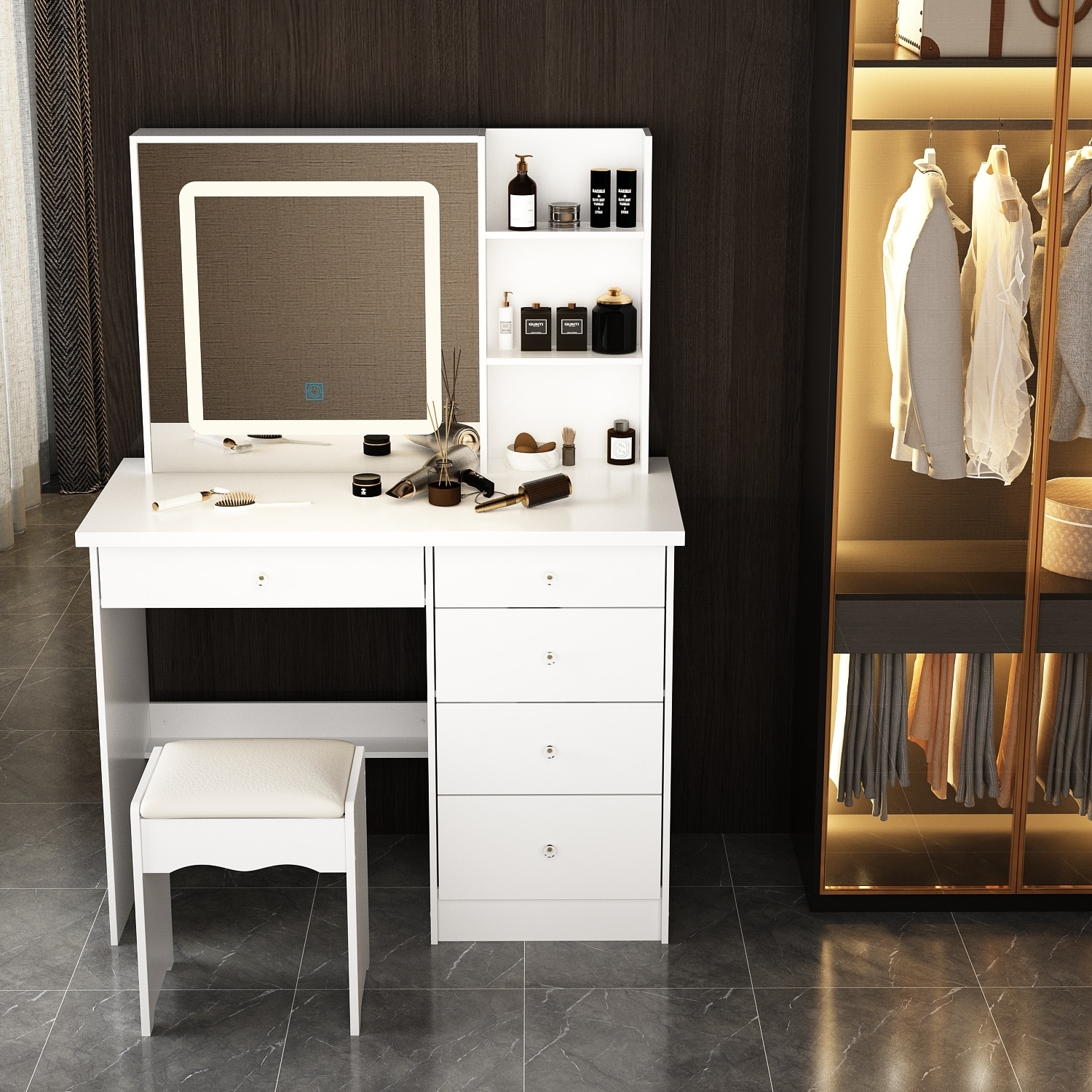 Modern Closet Room with Make-up Vanity Table, Mirror and Cosmetics