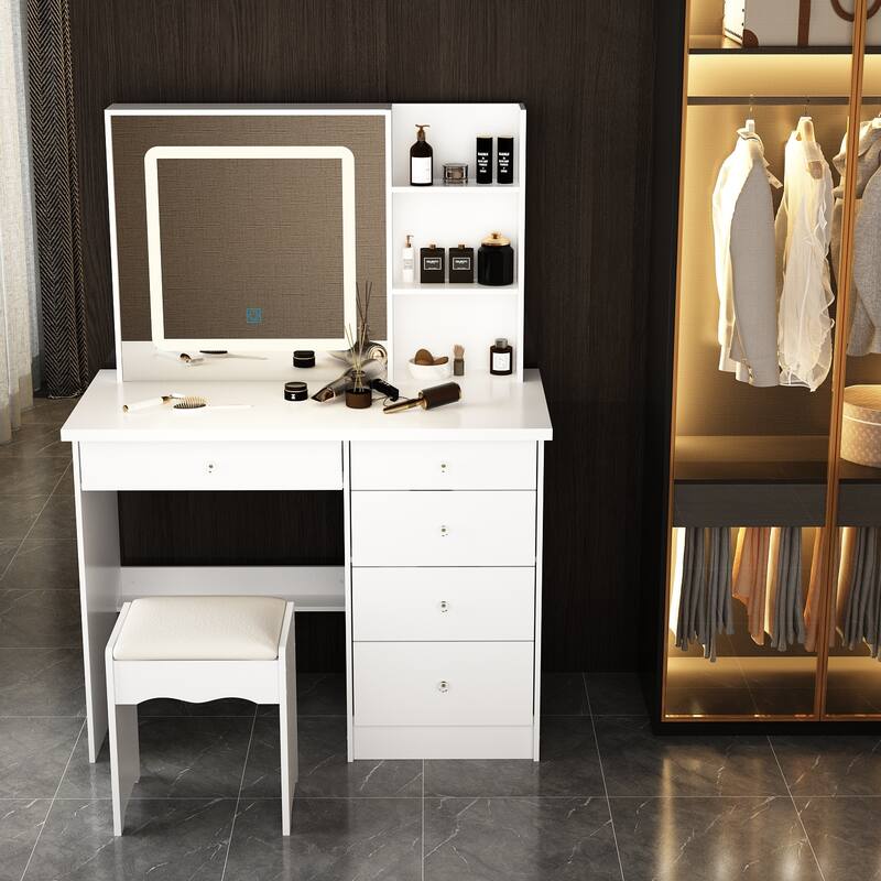 Makeup Vanity Set with Stool and 3 Color Touching Mirror Dresser Table - 39.4"W