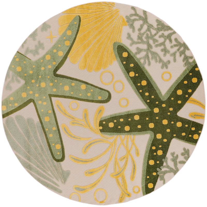 Nourison Aloha Coastal Starfish Indoor/Outdoor Area Rug - 5'3" x Round - Green/Yellow