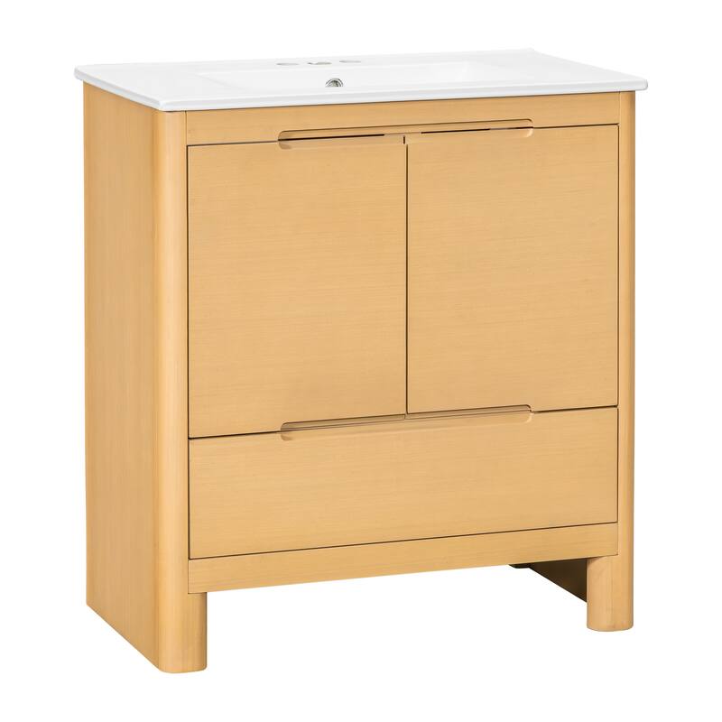 30"Softened Modern Bathroom Vanity with Ceramic Sink, Solid Wood Frame, Soft-Close Doors & Drawer, Adjustable Shelf