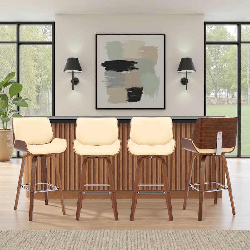 Tyler Mid-Century Swivel Bar Stool, Upholstered Counter Height Chair with Bentwood Legs - Set of 4 - Cream & Walnut - Bar Height