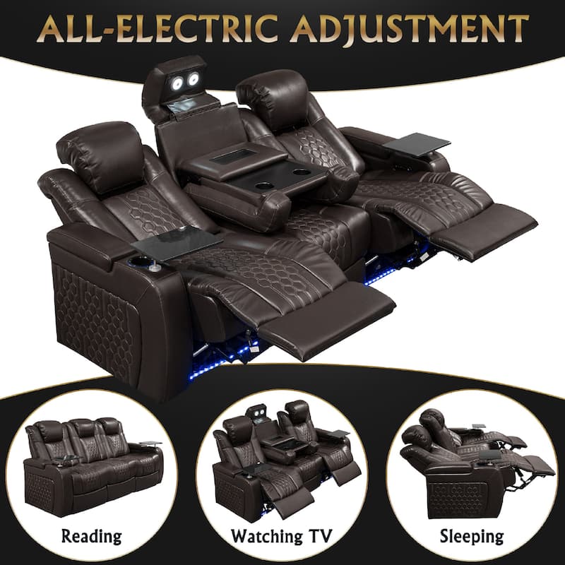Roomfitters 86.6" Power Recliner 3-Piece Set, Top-Grain Nappa Leather, 34-Color RGB LED & USB-C Charging, Coffee