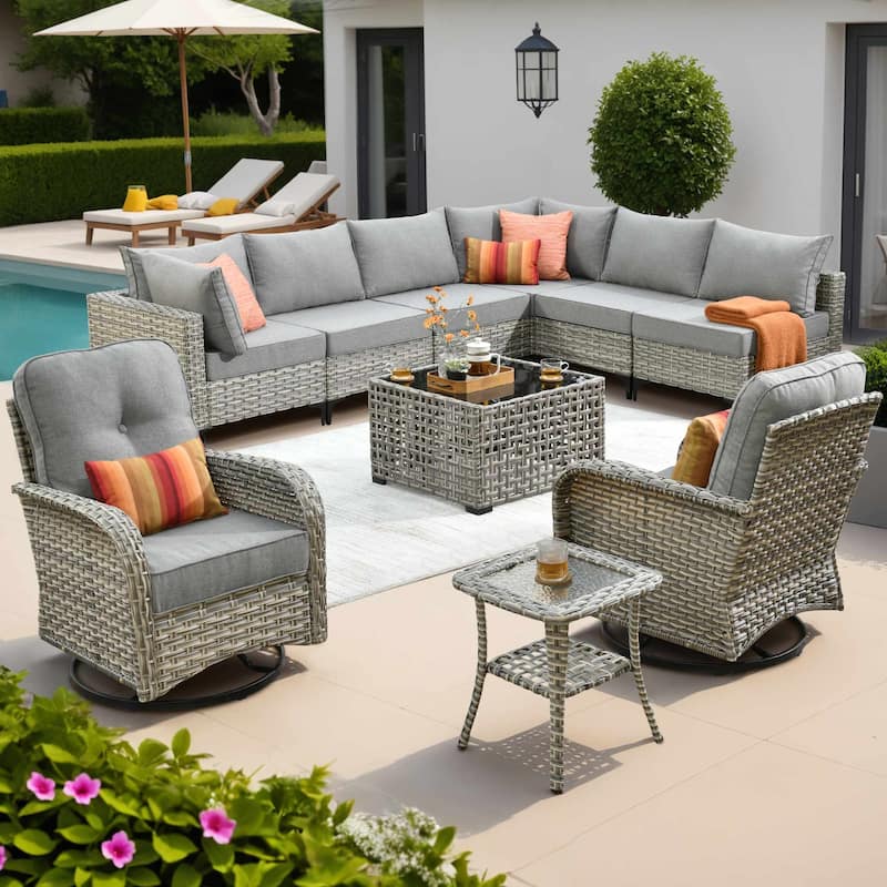 OVIOS 10 Pieces Outdoor Wicker Swivel Chair Set With Solar-Powered Coffee Table - DarkGrey