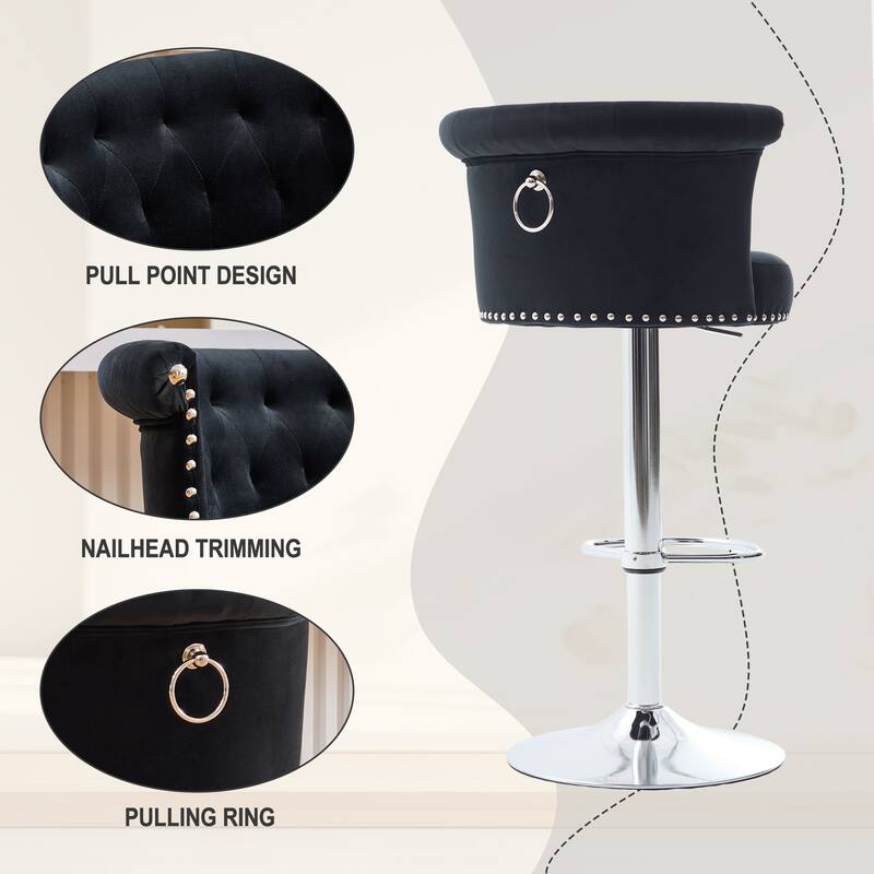 Velvet Bar Stool Set of 2, Adjustable Swivel Bar Stools with Silver Plated Metal Leg, Chrome Nailhead, Counter Height Chair