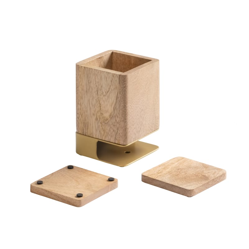 Jani Wooden Pen Cup Holder with 2 Coasters - Stained Mango Wood & Powder-Coated Metal Organizer for Home, Office & Living Spaces