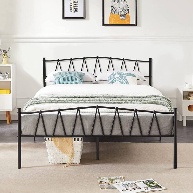 VECELO Metal Platform Bed Frame Twin Full Queen Size, Heavy Duty No Box Spring Needed Bed with Headboard, 13.7" Storage, Black - Queen