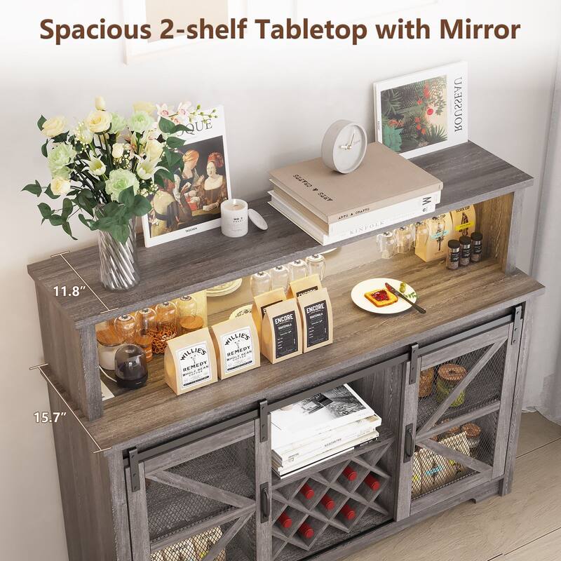 Gymojoy 16-Color LED Bar Cabinet with Wine Rack, White Kitchen Hutch for Coffee Bar & Dining Room, Farmhouse Storage Cabinet