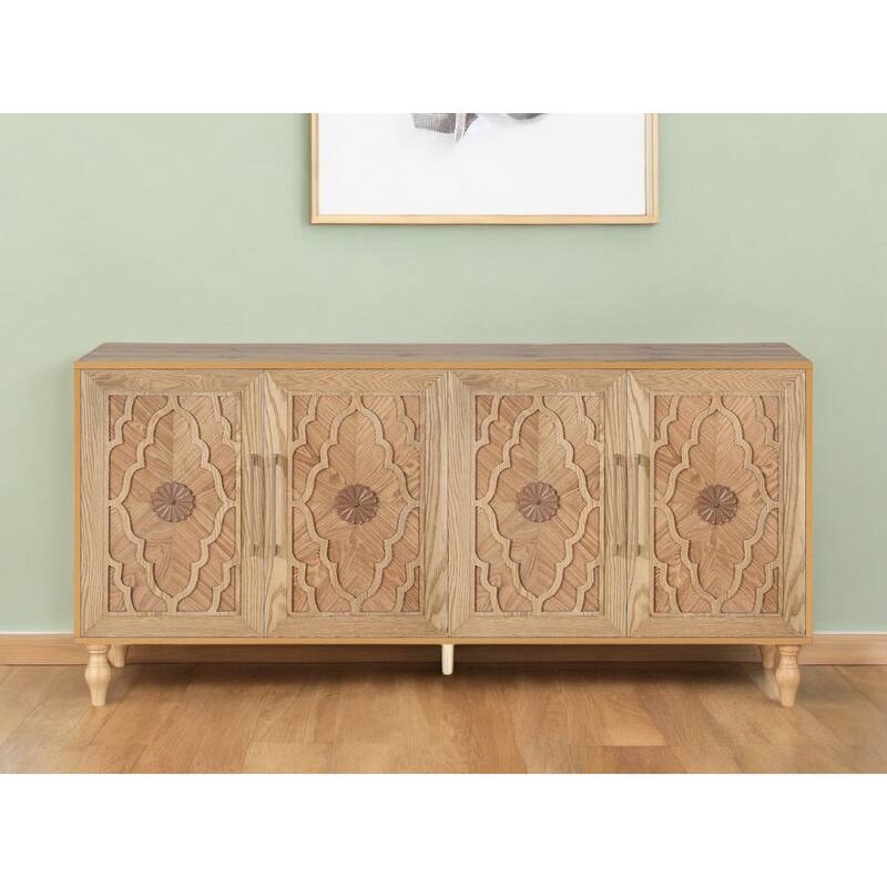 HomeRoots 68" Natural Distressed Carved Geometric Sideboard with Four Doors - 68.11' X '32' X '15.75 - 68.11' X '32' X '15.75