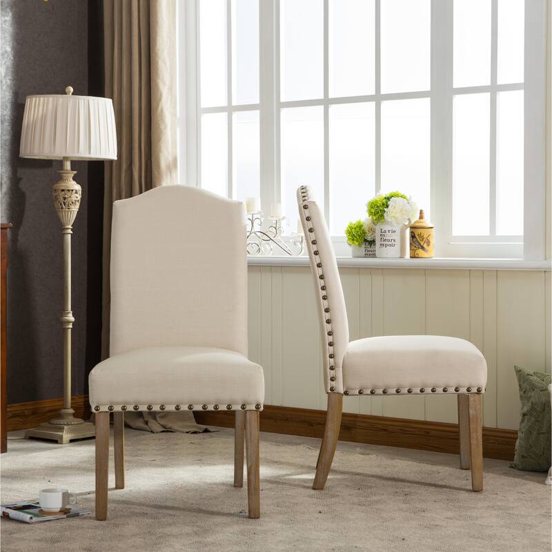 Nailhead Tan Fabric Padded Parson Chair, Solid Wood Dining Chairs Set of 2, Kitchen Dining Room Furniture Dining Chairs