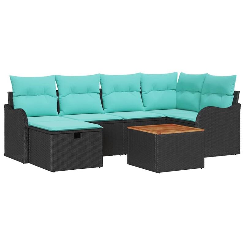 vidaXL 7 Garden Sofa Set with Cushions Black/Grey Poly Rattan - 91.5 x 48.2 x 27.2