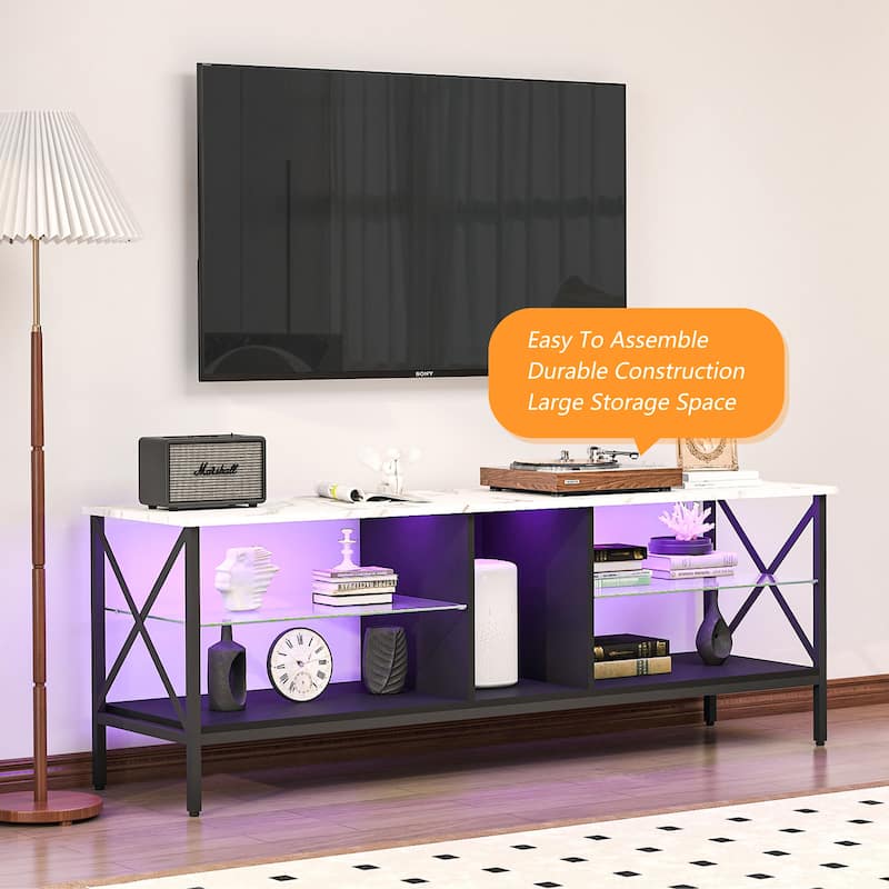 Modern TV stand,Iron TV cabinet Black/White with LED Lights, Remote Control,Toughened Glass Stand