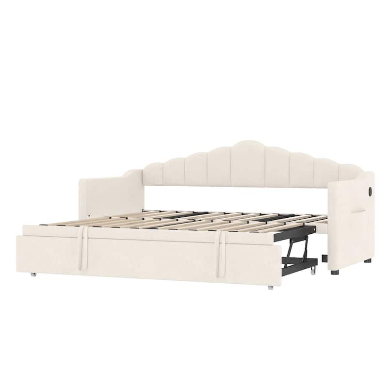Upholstered Twin Size Daybed with Adjustable Trundle Bed and USB Port, Velvet Fabric Twin Sofa Bed Frame with 2 Side Pockets