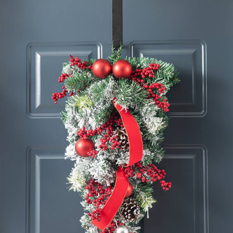 Glitzhome 25"H Artificial Christmas Flocked Berry, Ornament and Pinecone Ribbon Teardrop Door Hanging Decor