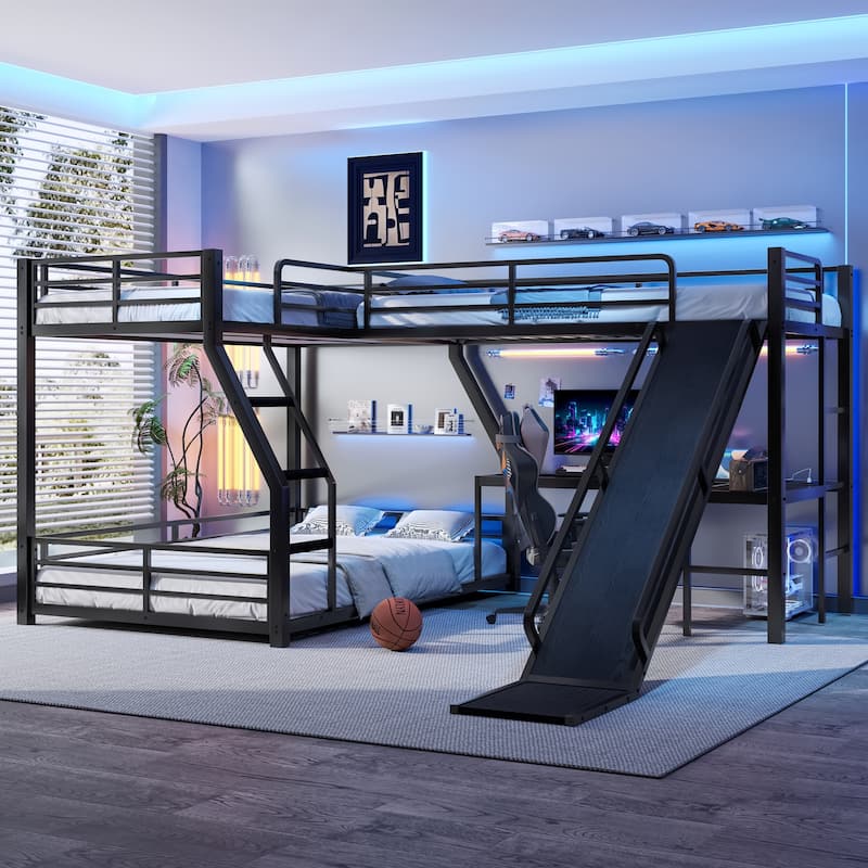 L-shaped Triple Bunk Bed for Esports & Works with Floor Bunk Bed and Loft Bed, Metal Bedframe with Slide and Charging Station