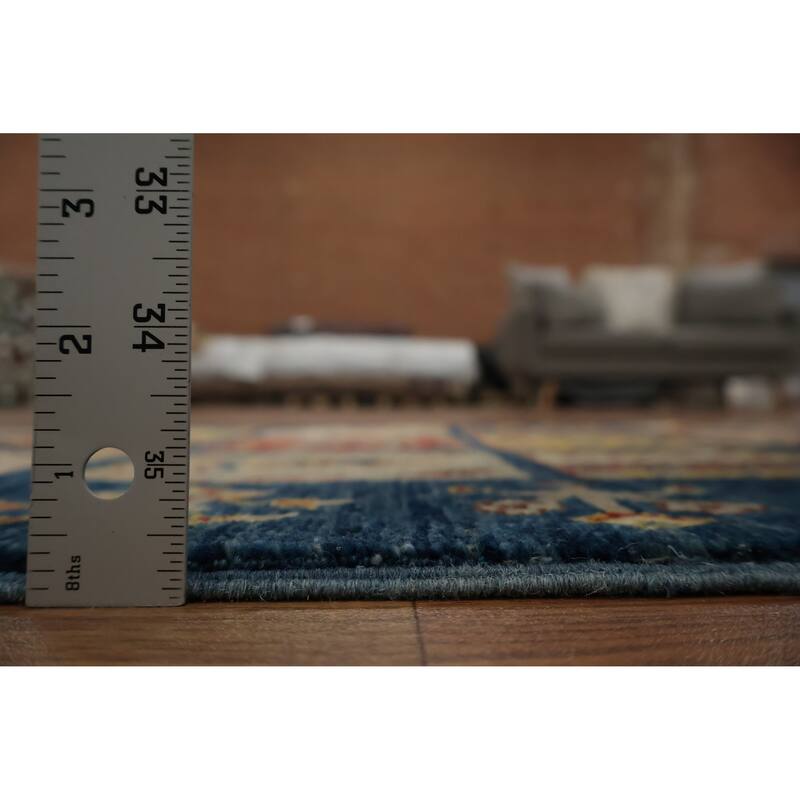 Hand Knotted Oriental 100% Wool Carpet Traditional Geometric Navy Blue & Blues Kazak Runner Rug - 22' 10'' X 2' 8''