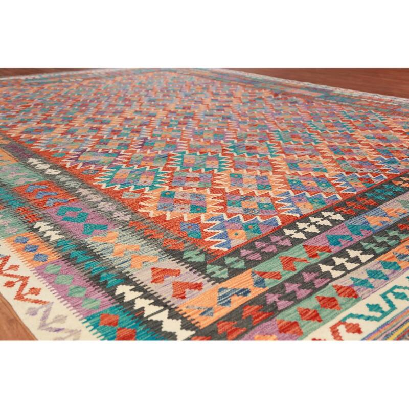 Reversible Kilim Area Rug Oriental Hand-Woven Wool Carpet - 9'11"x 13'0"