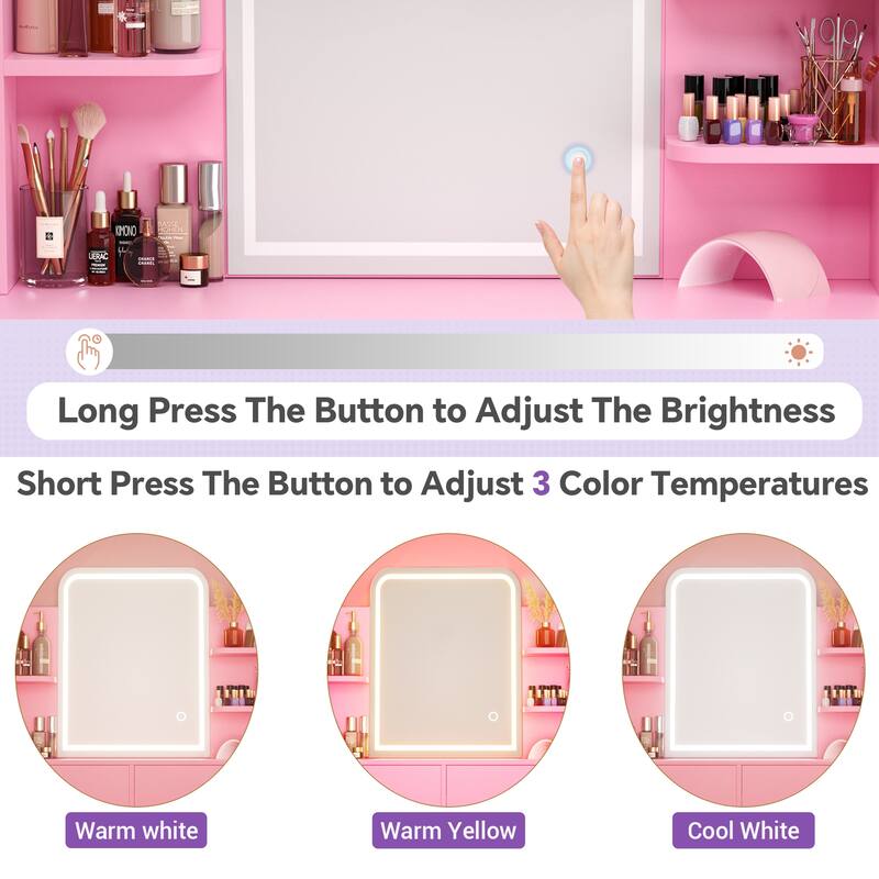 Modern Vanity Desk with LED Mirror, Makeup Table with Storage Drawers and Shelves - N/A