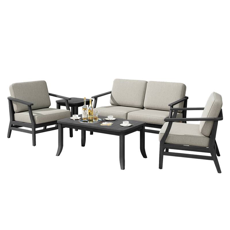 5-Piece Outdoor Teak Wood Patio Conversation Set with Cushions