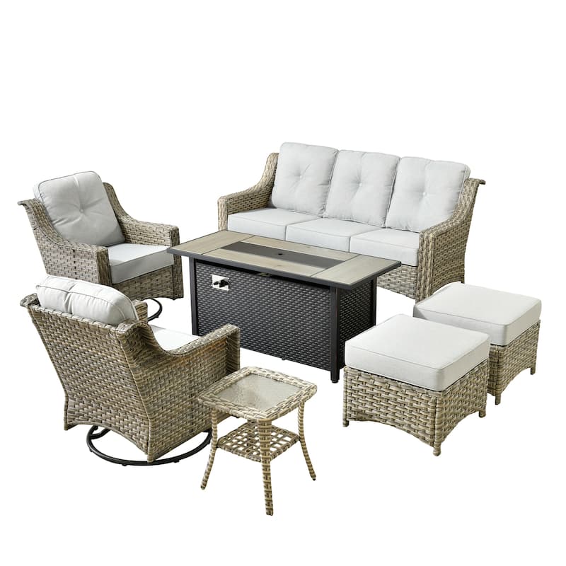 ​​OVIOS 7 Pieces Outdoor Wicker Swivel Chair Set with 54" Fire Table​